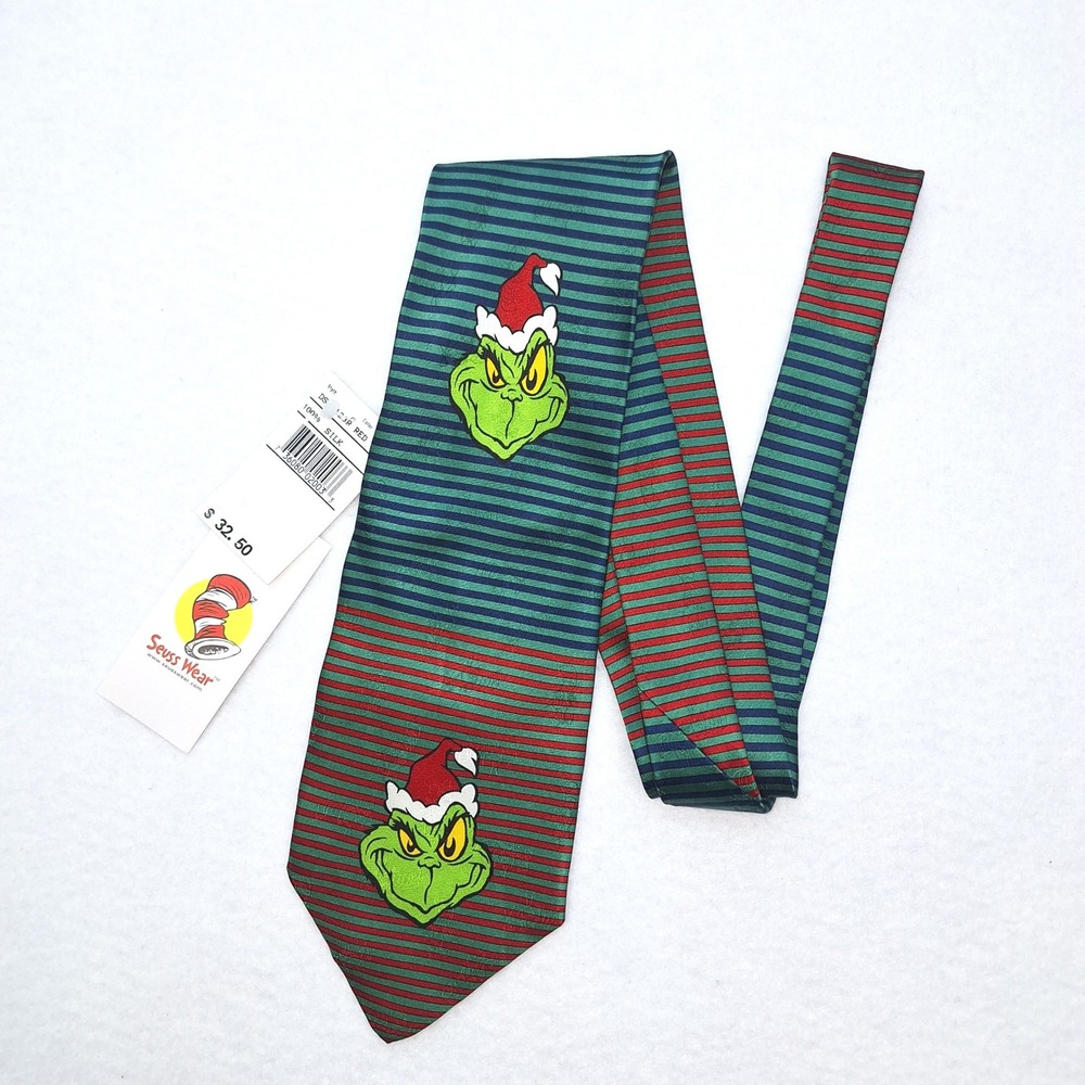 Vintage Seuss Wear The Grinch‎ Christmas Necktie Green Red Stripe 100% Silk